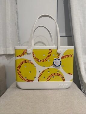 BOGG BAG Yellow Softball Print Tote with White Trim